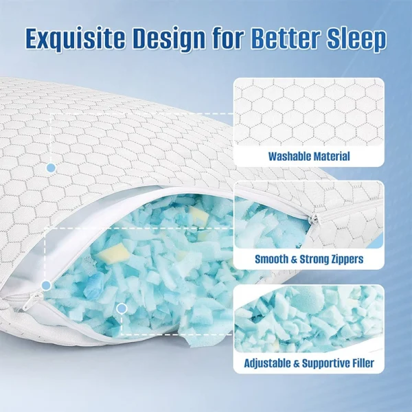 Memory foam pillow, cooling pillow, adjustable straps for sides and back, washable pillowcase, neck support, high resilience