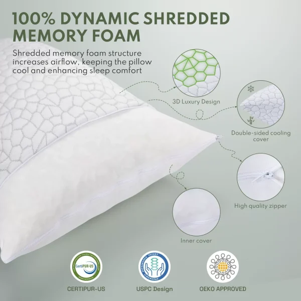 Cooling Pillow, Shredded Foam Memory Foam Pillow, Bamboo Fiber Pillow, Pillow for Back, Side, and Stomach Sleeping