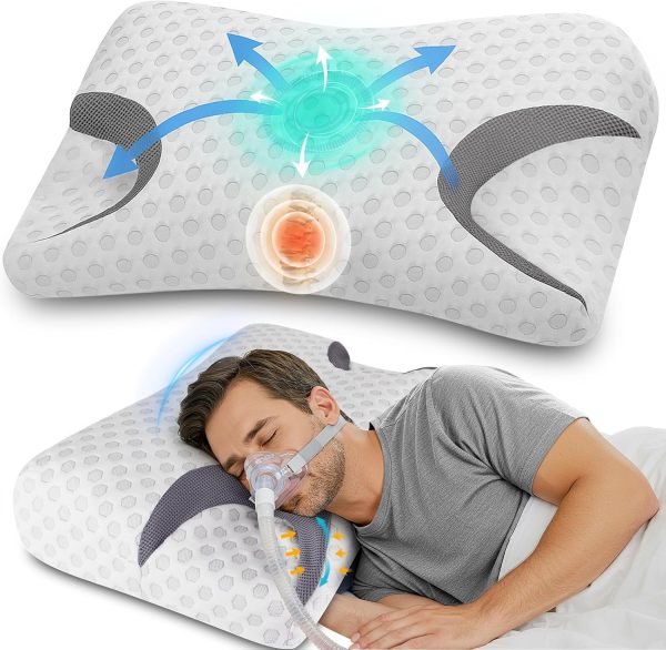Side-sleeping pillow with memory foam; features a wavy contour on the sides, back, and abdomen to reduce air pressure; designed for better breathing and beauty benefits