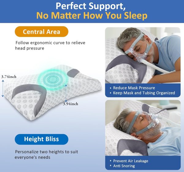 Side-sleeping pillow with memory foam; features a wavy contour on the sides, back, and abdomen to reduce air pressure; designed for better breathing and beauty benefits