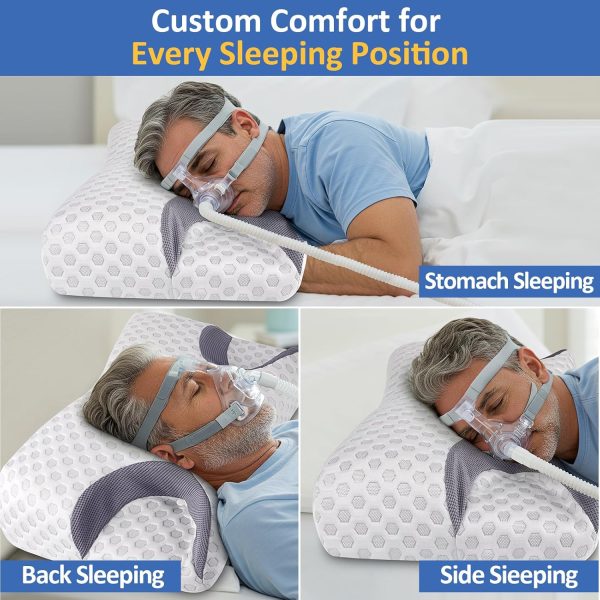 Side-sleeping pillow with memory foam; features a wavy contour on the sides, back, and abdomen to reduce air pressure; designed for better breathing and beauty benefits