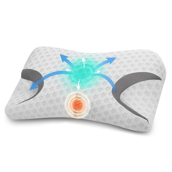 Side-sleeping pillow with memory foam; features a wavy contour on the sides, back, and abdomen to reduce air pressure; designed for better breathing and beauty benefits