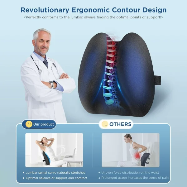Memory Foam Lumbar Support with Adjustable Straps to Relieve Lower Back Pain—Ideal for Cars, Offices, and Home Use—Black
