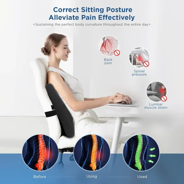 Memory Foam Lumbar Support with Adjustable Straps to Relieve Lower Back Pain—Ideal for Cars, Offices, and Home Use—Black