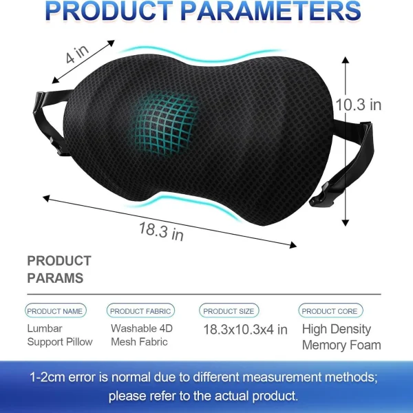 Ergonomic Memory Foam Lumbar Support with Adjustable Shoulder Straps for Cars and Offices, Black