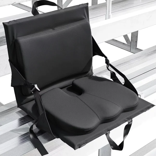 Portable stadium seats with adjustable backrest support and memory foam cushions; the backrest and cushions fold easily