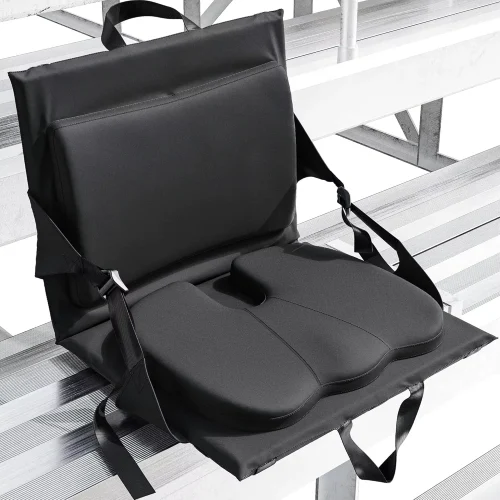 Portable stadium seats with adjustable backrest support and memory foam cushions; the backrest and cushions fold easily