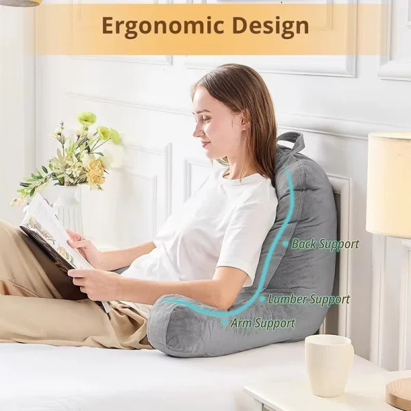 Reading pillow with armrests, lumbar support pillow, plush pillow, bedside pillow, decorative cushion, supportive pillow, memory foam pillow that doesn't lose its shape