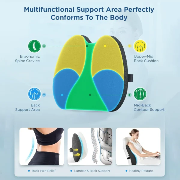 Memory Foam Lumbar Support with Adjustable Straps to Relieve Lower Back Pain—Ideal for Cars, Offices, and Home Use—Black
