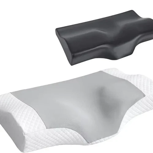 Factory-made memory foam neck pillow designed to relieve back pain; ergonomically designed neck pillow