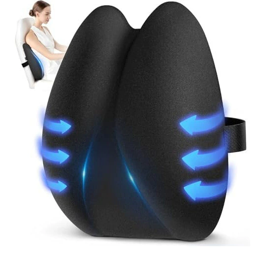 Memory Foam Lumbar Support with Adjustable Straps to Relieve Lower Back Pain—Ideal for Cars, Offices, and Home Use—Black
