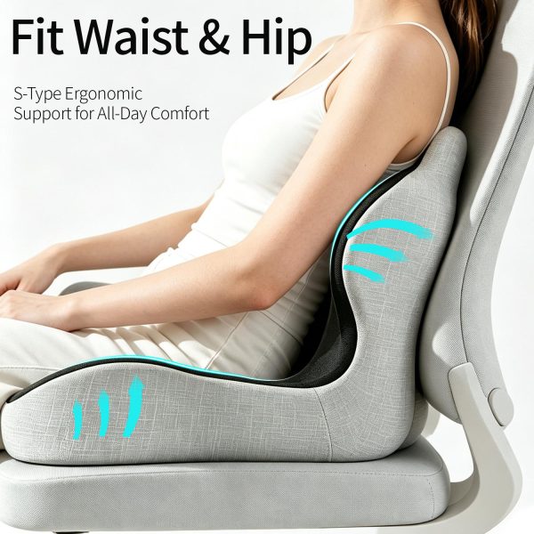 Seat cushion and backrest; support; cushion for protecting the hips and lower back during prolonged sitting
