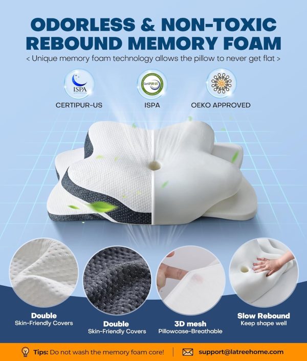 55 Butterfly-shaped memory foam cervical pillow with a breathable, skin-friendly core and pillowcase that conforms to the natural curve of the neck
