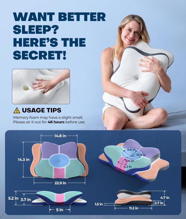 66 Butterfly-shaped memory foam cervical pillow with a breathable, skin-friendly core and pillowcase that conforms to the natural curve of the neck