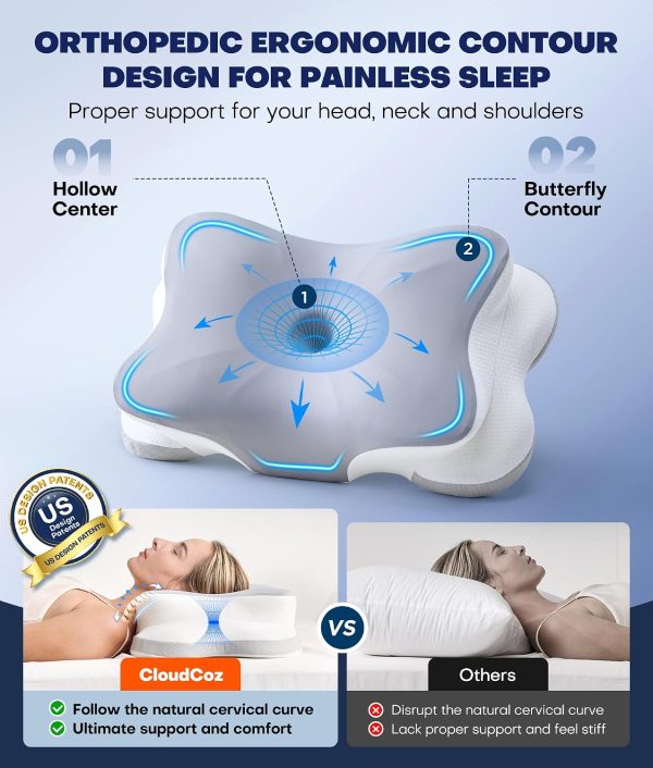 Orthopedic Neck Pillow for Chronic Pain Relief - Ergonomic Shredded Foam Pillow for Sleeping, Curved Contour Side Sleeper Pillow for Spine Support, Cervical Bed Pillow for Back Stomach Sleepers