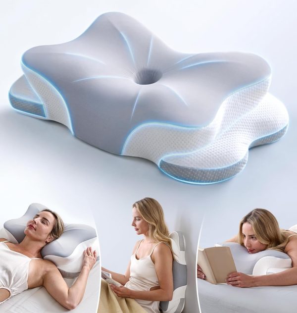 Orthopedic Neck Pillow for Chronic Pain Relief - Ergonomic Shredded Foam Pillow for Sleeping, Curved Contour Side Sleeper Pillow for Spine Support, Cervical Bed Pillow for Back Stomach Sleepers